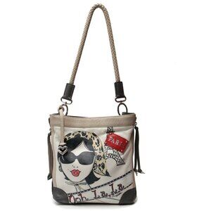 Brighton Fashionista Leather Shoulder Bag Paris Ooh La La Purse Beige Grey Studs